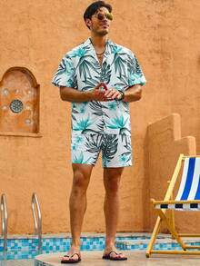 Manfinity Men's Leaf Print Holiday Beach Short Sleeve Shirt And Shorts Set - Multicolor - View 3