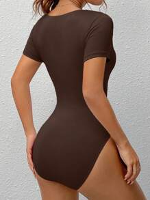 SHEIN EZwear Áo thun kiểu cổ vuông màu nâu thường ngày mùa hè - màu nâu - Xem 2