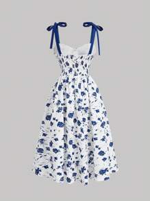 SHEIN MOD Bow Summer Long Summer Floral Print Tie Shoulder Cami Dress - Royal Blue - View 2