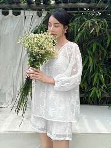 EastFlair 風提花扣釦休閒上衣和短褲套裝