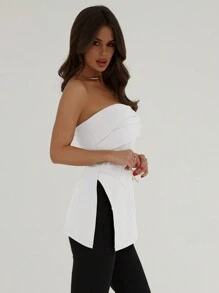 Aloruh 优雅办公室通勤不对称下摆收腰白色抹胸，修身剪裁，开衩下摆，适合约会、度假和音乐会 - 白色 - 查看 6