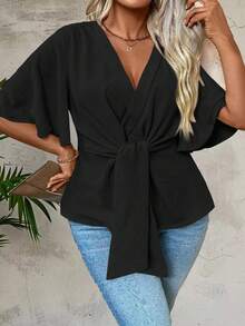 Breezaya Plus Size Vacation Casual Solid Color Bell Sleeve Shirt With Cinched Waist - Black - View 3