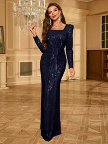 UNITHORSE Square Neckline Sequin Long Sleeve Formal Dress, Elegant Evening Wedding Guest Dress, For Graduation, Dinner Party Dress, Bride Dress, Birthday Women Outfits, Dress,Gown - Navy Blue - View 1