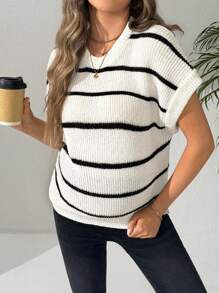 SHEIN 孕妇条纹圆领蝙蝠袖毛衣，孕妇日常休闲装 - 黑與白 - 查看 5