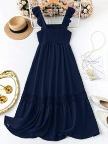 SHEIN Clasi Vestido veraniego casual en unicolor vintage con ribete de volantes para tallas grandes - Azul Marino - Ver 2