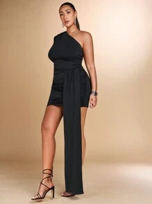 SHEIN BAE Plus Size Autumn Black Asymmetrical One-Shoulder Extra-Long Streamer Decoration Gathered Long-Sleeved Casual Outing Knitted Tight Mini Dress Suitable For Daily Outings, Dates And Commuting Fall Women Clothes,Valentine's Day,Valentine Outfits For Women - Black - View 3