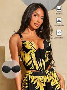 SHEIN SXY 有墊內置胸墊可拆卸內襯杯不可拆卸內襯女士假期熱帶植物印花不對稱擺緊身背心上衣 - 黑色 - 查看 1