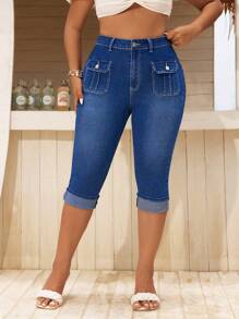Breezaya Plus Size Women's Summer Casual Simple Daily Washed Capris Jeans - Medium Wash - View 5