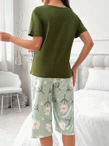 Floral Print Pocket Patched PJ Set / Pajama Set - Green - View 2