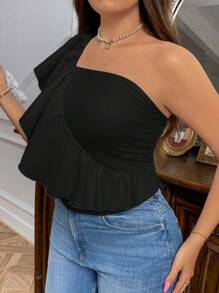 SHEIN Privé Plus Size Elegant Vacation Ruffle Trimmed Decor Strapless Top For Women, Spring/Summer - Black - View 4