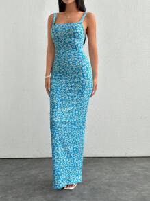 RueChic Long Pink Floral Dress - Blue - View 3