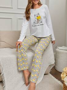 RueChic 2Pcs Cotton Ice Cream Printed White Top & Pants PJ Set - White - View 3