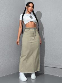 SHEIN EZwear 女士日常簡約純色牛仔裙 - 綠色 - 查看 3