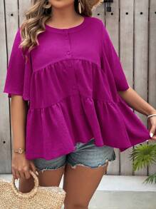 SHEIN VCAY 夏季加大碼實色鬆身休閒娃娃衫 - 中紫紅色 - 查看 4