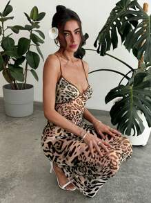 Aloruh 春夏季性感豹紋網紗深V領背心連衣裙，腰身設計修身 - 彩色 - 查看 5