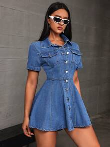 SHEIN EZwear Women's Summer Short Sleeve Single-Breasted Casual Short Denim Dress - Blue - View 4