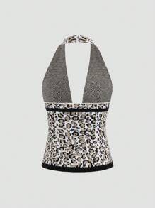 Flirla Women's Fashionable Leopard Printed Knit Halter Top With Open Back Design, Spring/Summer