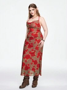 ROMWE Vestido con estampado de leopardo y cuello redondo de talla grande con falda acampanada - Rosa Roja - Ver 4