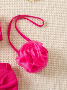 SHEIN Playful Pals 3入組嬰兒女童春夏裝，熱粉色花卉印花上衣搭配斜挎包和短褲，可愛優雅，適合日常休閒穿著 - 玫瑰紅 - 查看 5