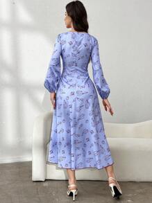 Modelyn 女士花卉印花简约长袖连衣裙，日常穿着长款晚礼服 - 淺灰紫 - 查看 2