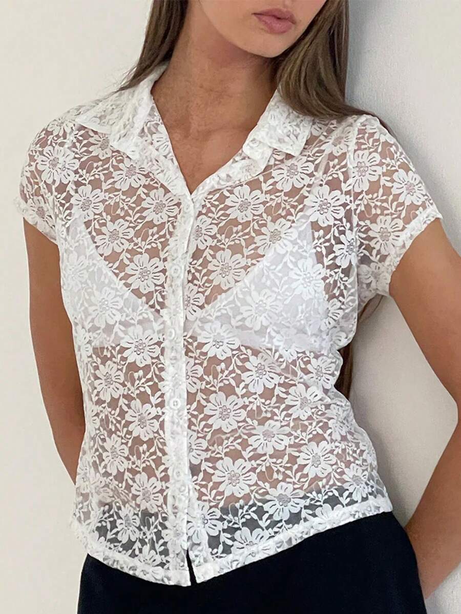 SHEIN Essnce 女士白色蕾絲開衫上衣