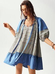 Bohemela Vestido de vacaciones de diseño de parche con rayas para mujer