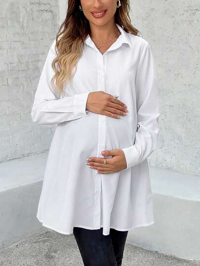 SHEIN Maternity Buttoned Clean & Simple Loose Comfortable Daily Casual Shirt, Long Sleeve