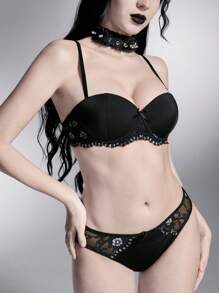 ROMWE Dark Gothic Underwire Lace Women's Lingerie Set - Black - View 3