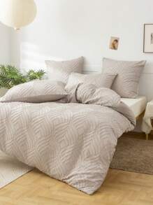 Solid Color Jacquard Duvet Cover Set, 1pc Duvet Cover & 2pcs Pillowcase, Modern Polyester Bedding Set For All Season - Khaki - View 2