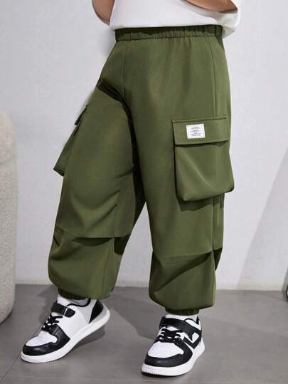 SHEIN Pantalon jogger couleur unie pour garçon préadolescent avec poches 3D pour contexte décontracté, extérieur et travail