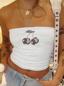 SHEIN EZwear 女性休閒豹紋和櫻桃圖案白色緊身無肩帶上衣，適合夏季穿著 - 白色 - 查看 1