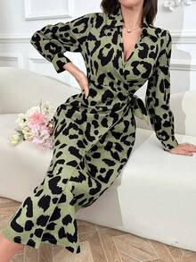 Modelyn Ladies' Leopard Print Simple Long Sleeve Daily Dress - Green - View 6