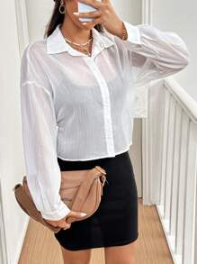 SHEIN Essnce Chemisier d'été à dos ouvert plissé blanc brillant avec nœud, transparent et scintillant avec des perles - Blanc - Voir 6