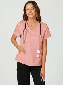 TaskEZ Solid Color V-Neck Casual Short-Sleeved Uniform Scrub Top For Summer - Pink - View 7