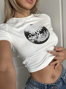 SHEIN EZwear 休闲简约迪斯科球图案圆领短袖短款修身女式 T 恤，棉混纺 - 白色 - 查看 6