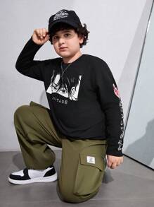 SHEIN Tween Boys加大尺碼卡通字母圖案長袖T恤