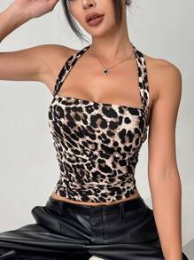 SHEIN EZwear 夏季女性Y2K豹紋領結綁頸貼身上衣 - 彩色 - 查看 6