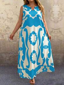 EMERY ROSE 大尺碼女士假期休閒印花開衫領無袖長款連身裙，帶空洞和口袋 - 藍色 - 查看 3