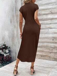 Breezaya 纯色立领结边优雅长款女式连衣裙