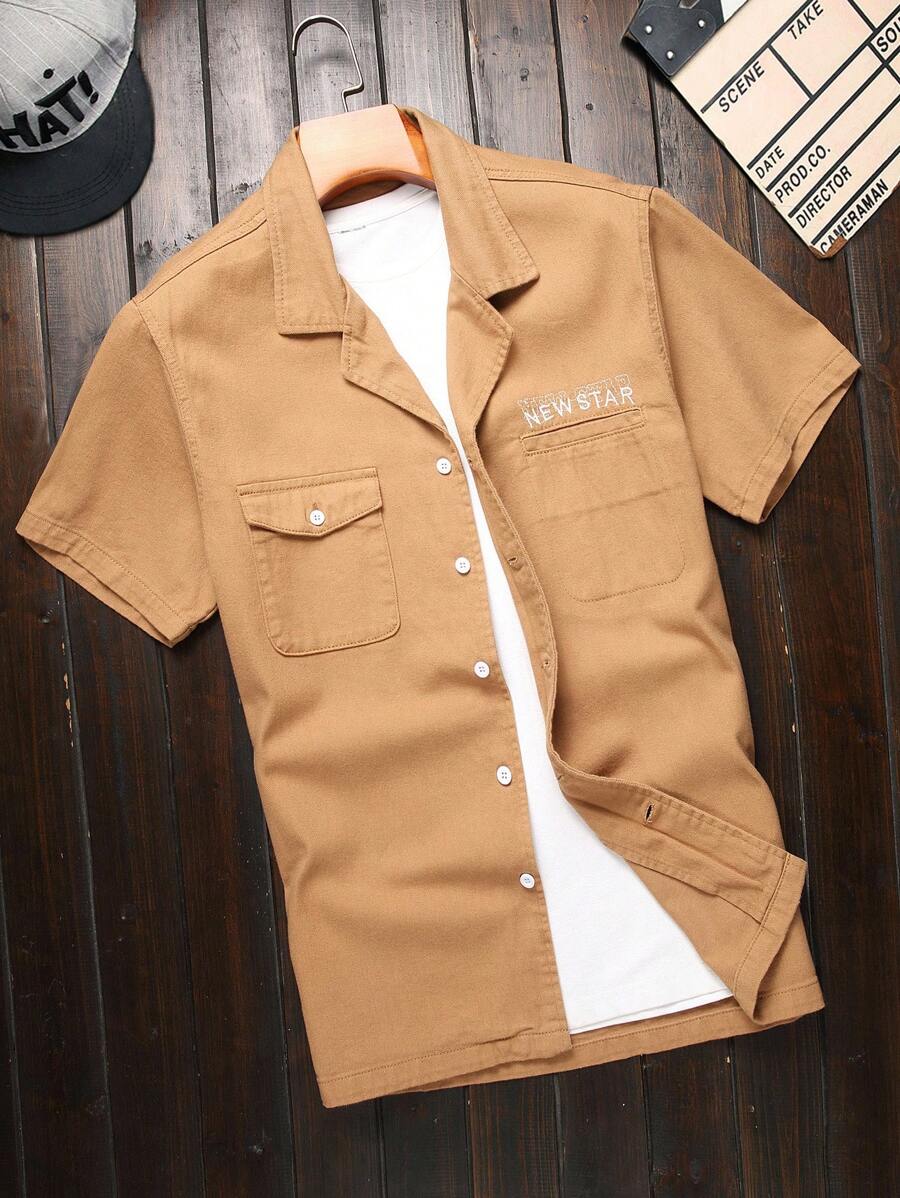 Manfinity Homme Men's Summer Letter Printed Workwear Short Sleeve Casual Denim Shirt With Pockets