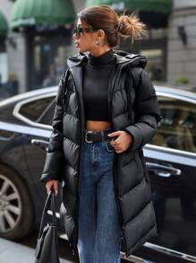 EURMUSE Lonk Line Puffer Down Coat Jacket, Side Zip Detailed, Hooded, Waterprof - Black - View 7