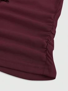 ROMWE Fairycore 女士純色十字V領短袖上衣，適用於日常休閒場合 - 酒紅色 - 查看 4