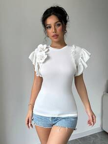 Chiquease Áo thun nữ ngắn tay màu trơn trang trí hoa 3D, cổ tròn - trắng - Xem 6