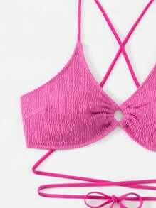 SHEIN Swim 女士纯色圆形链接性感比基尼套装，适合夏季海滩，带罩裙 - 玫紅色 - 查看 3