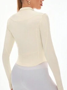 SHEIN Sports Women's Solid Color Zipper Half Placket Long Sleeve Slim Fit Yoga Sports Sweatshirt - Apricot - View 2