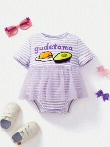 Gudetama X SHEIN 嬰兒女孩淺紫色條紋鱷魚卡通角色網紗裙連體衣