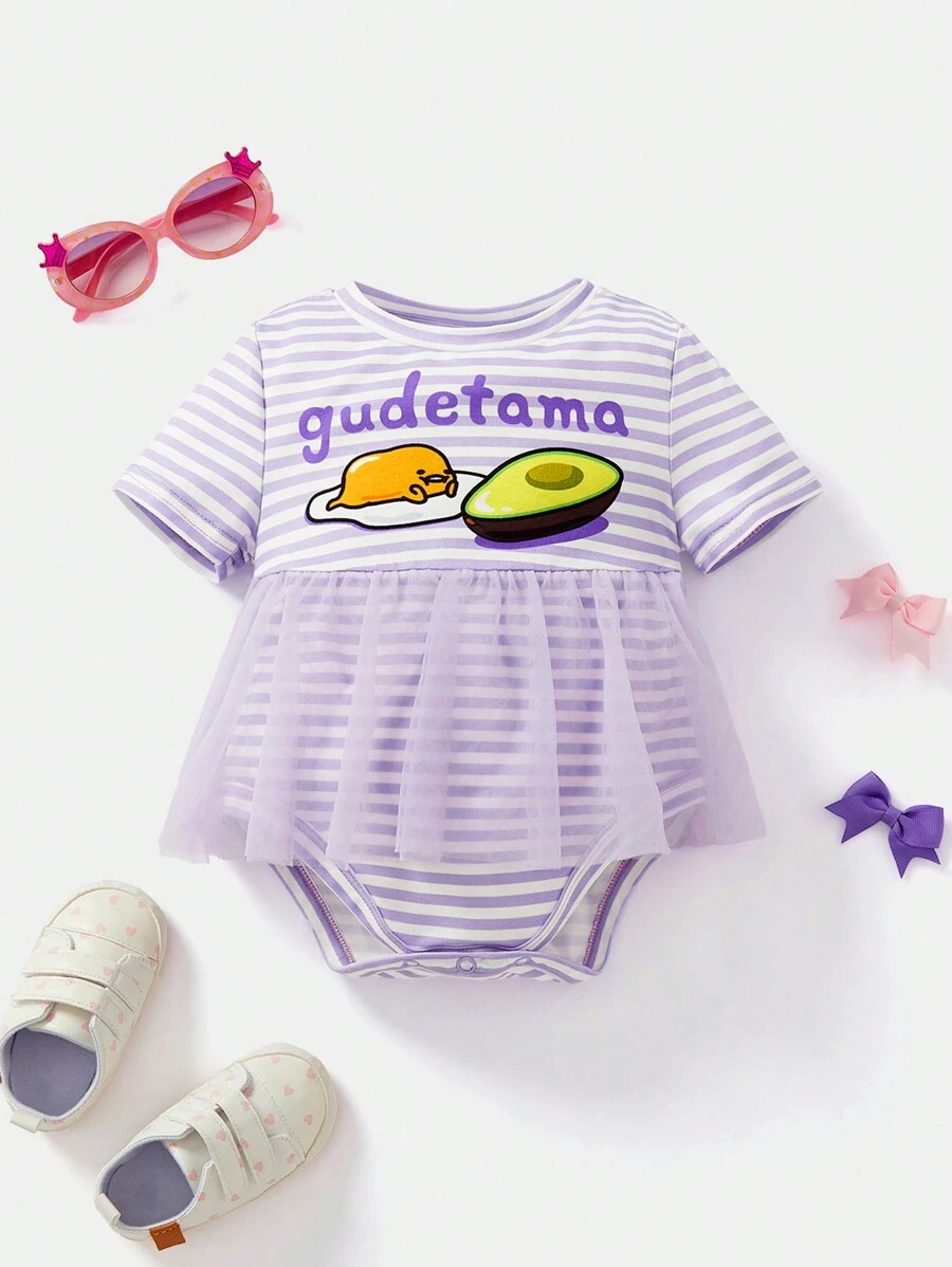 Gudetama X SHEIN 嬰兒女孩淺紫色條紋鱷魚卡通角色網紗裙連體衣