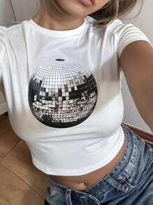 SHEIN EZwear 休闲简约迪斯科球图案圆领短袖短款修身女式 T 恤，棉混纺 - 白色 - 查看 5