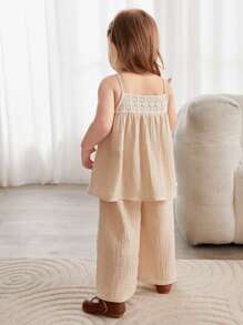 Cozy Pixies Young Girl 2pcs/Set Embroidered Mesh Contrast Color Bowknot Tank Top And Casual Loose Pants For Daily Wear - Apricot - View 2