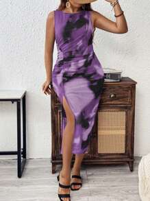 Celure Plus Size Stylish Tie Dye Ruched Slit Bodycon Sleeveless Dress For Vacation - Multicolor - View 3